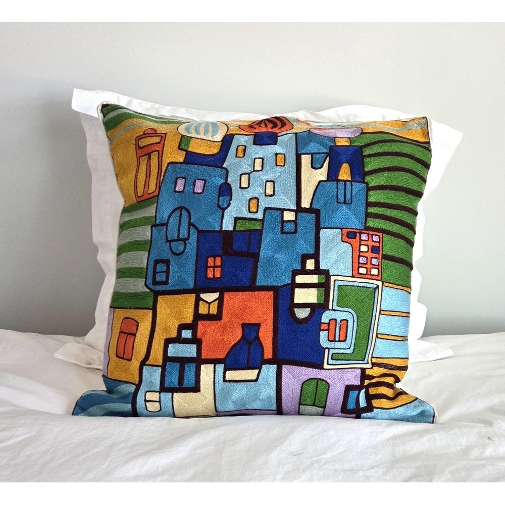 BY HAND Embroidery Architectural Pattern Cushion Cover 24" x 24"-Stains back